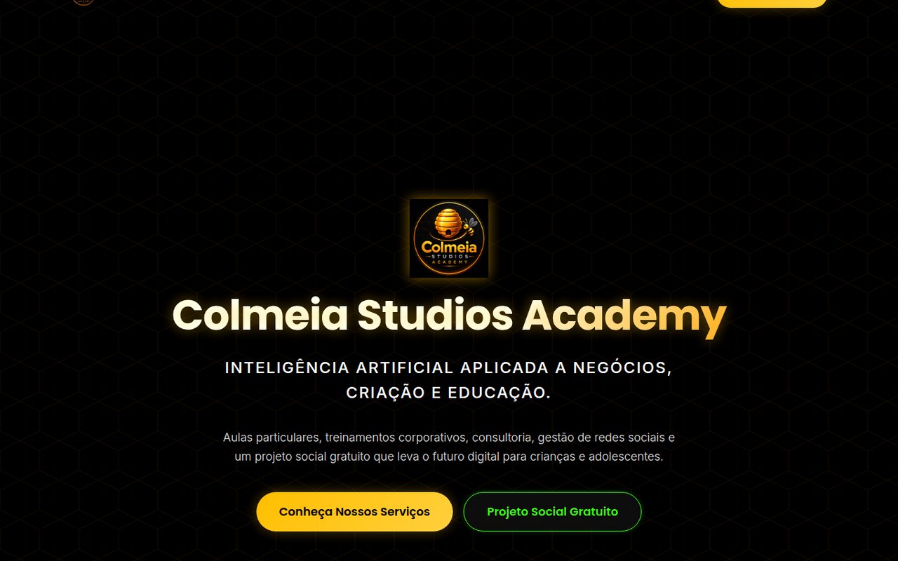 Página inicial do site Colmeia Studios Academy — plataforma de IA, educação e negócios