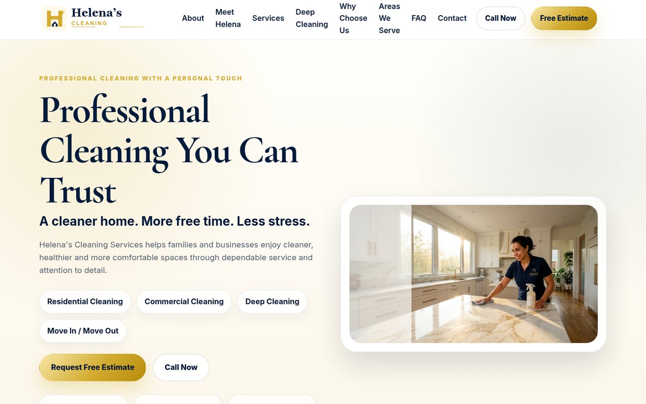 Página inicial do site Helena's Cleaning Services — serviços de limpeza em Worcester, MA
